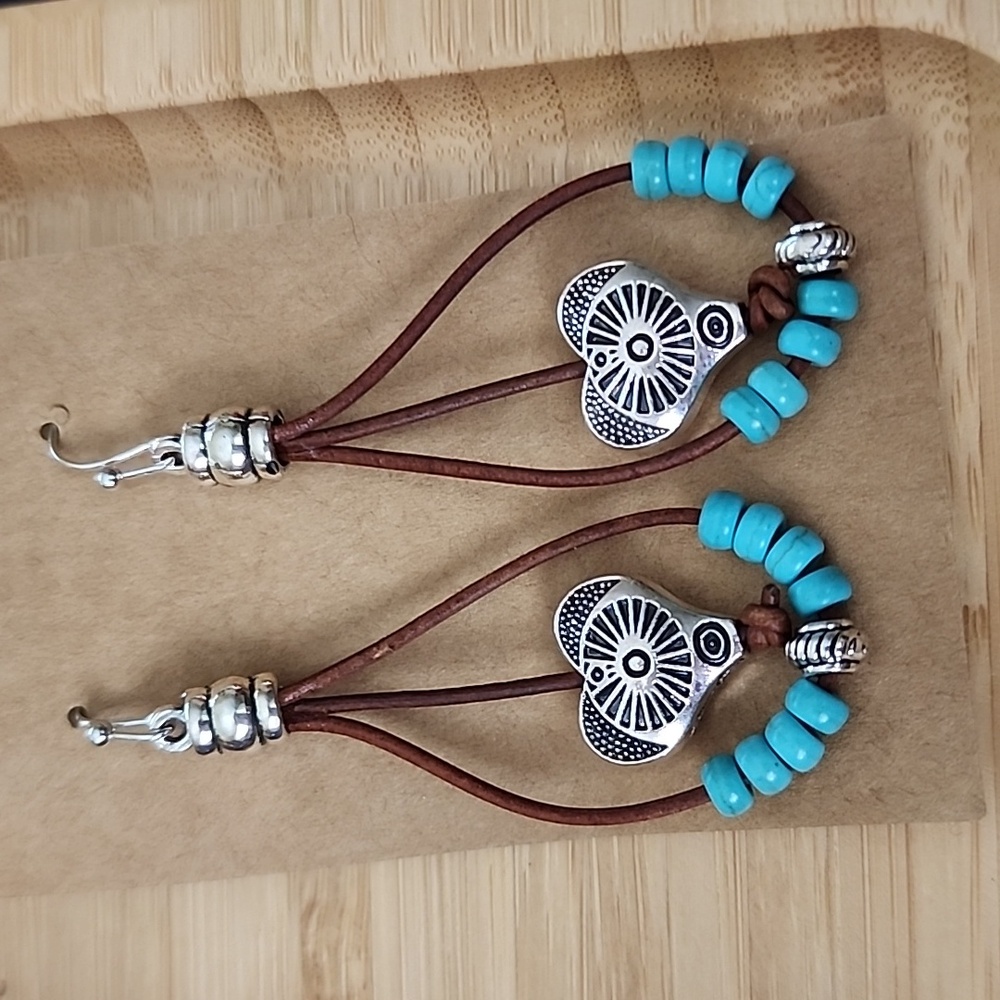 Natural Turquoise Beaded leather Dangle Boho Earrings